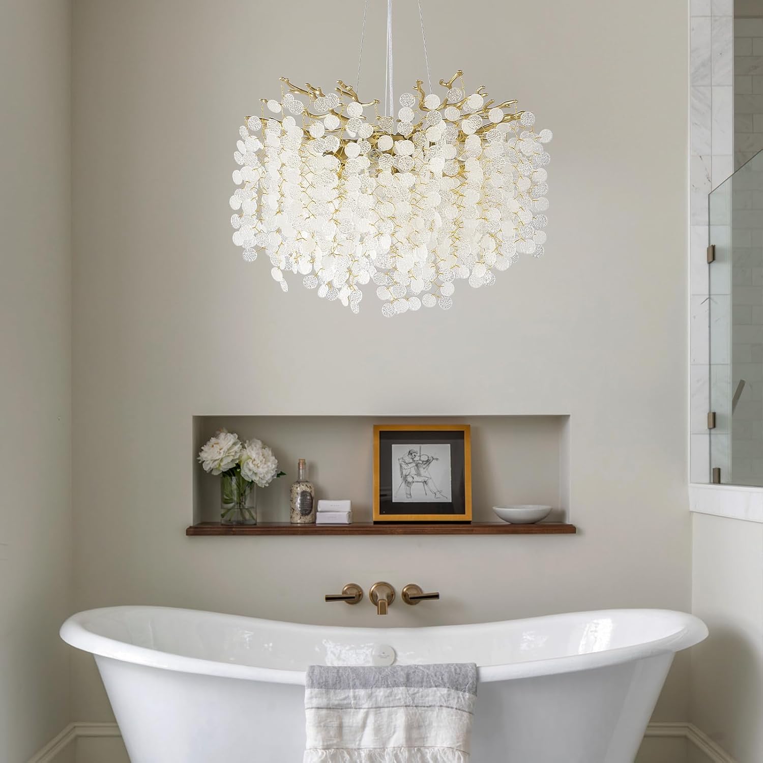 Modern Gold Coastal Chandelier with Adjustable Height, 24'' Wide Tree Branch Design with 61 Crystals, 8-Light E12 Pendant Ceiling Fixture