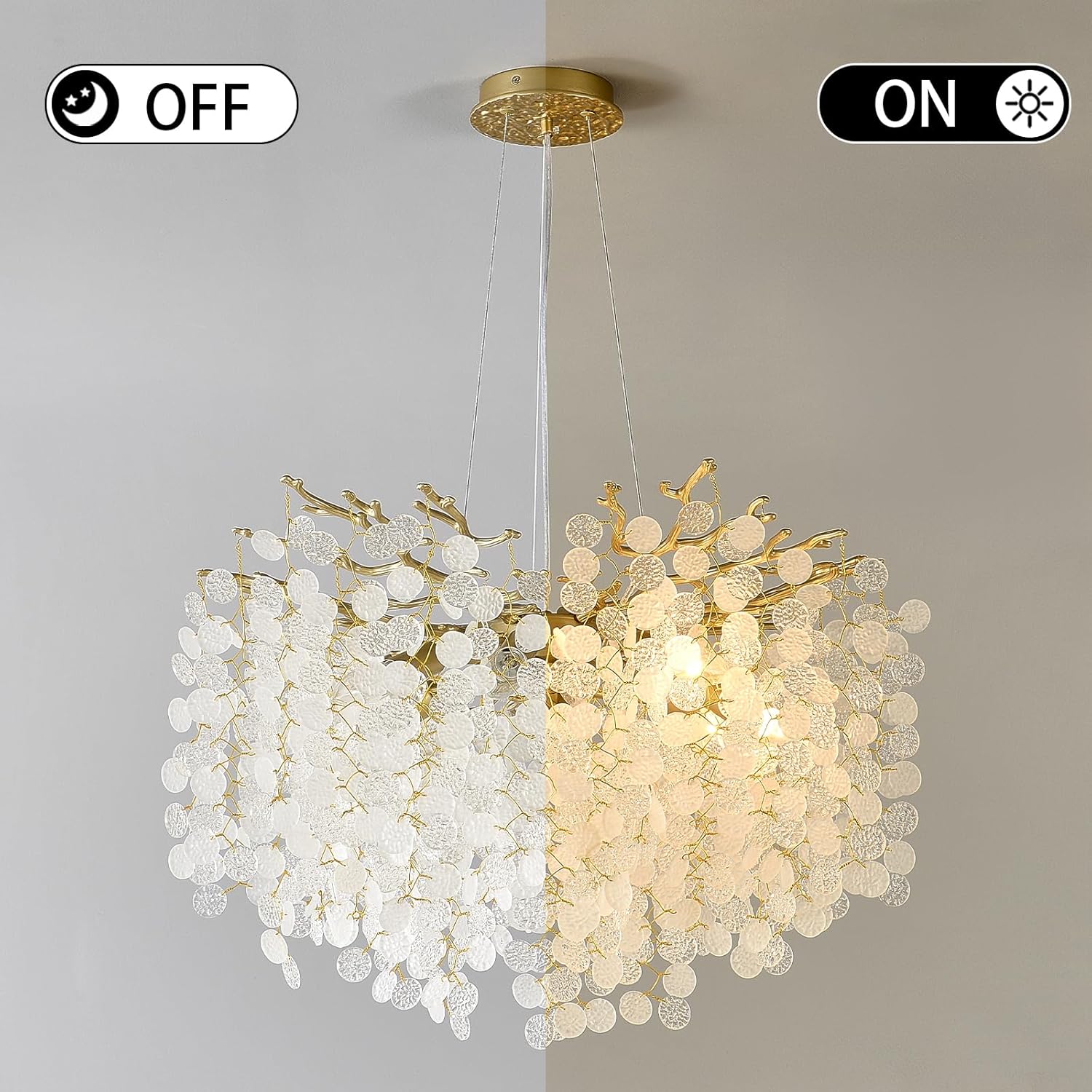 Modern Gold Coastal Chandelier with Adjustable Height, 24'' Wide Tree Branch Design with 61 Crystals, 8-Light E12 Pendant Ceiling Fixture