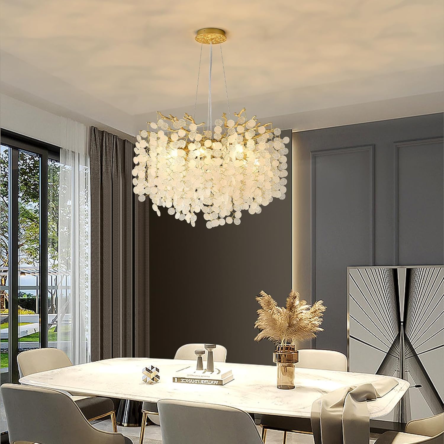 Modern Gold Coastal Chandelier with Adjustable Height, 24'' Wide Tree Branch Design with 61 Crystals, 8-Light E12 Pendant Ceiling Fixture