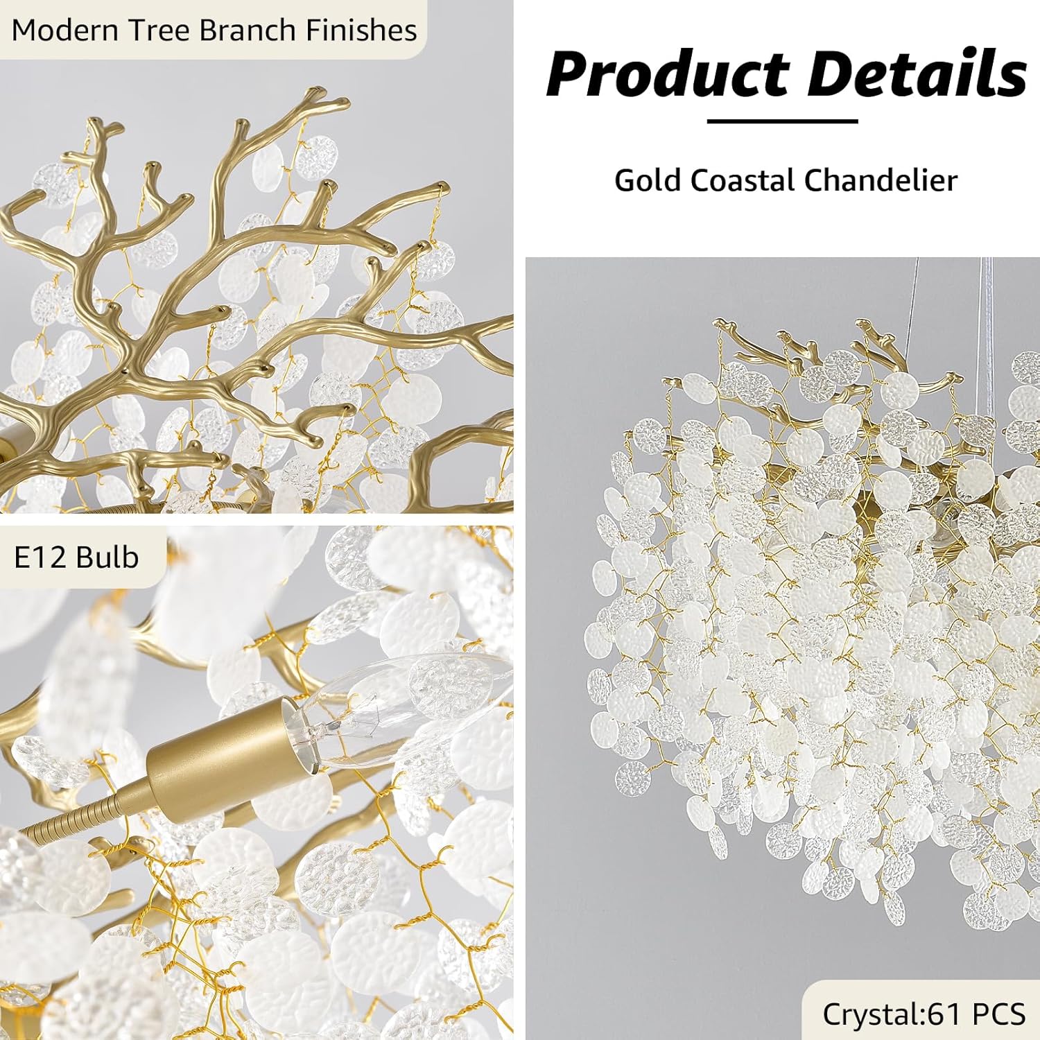 Modern Gold Coastal Chandelier with Adjustable Height, 24'' Wide Tree Branch Design with 61 Crystals, 8-Light E12 Pendant Ceiling Fixture