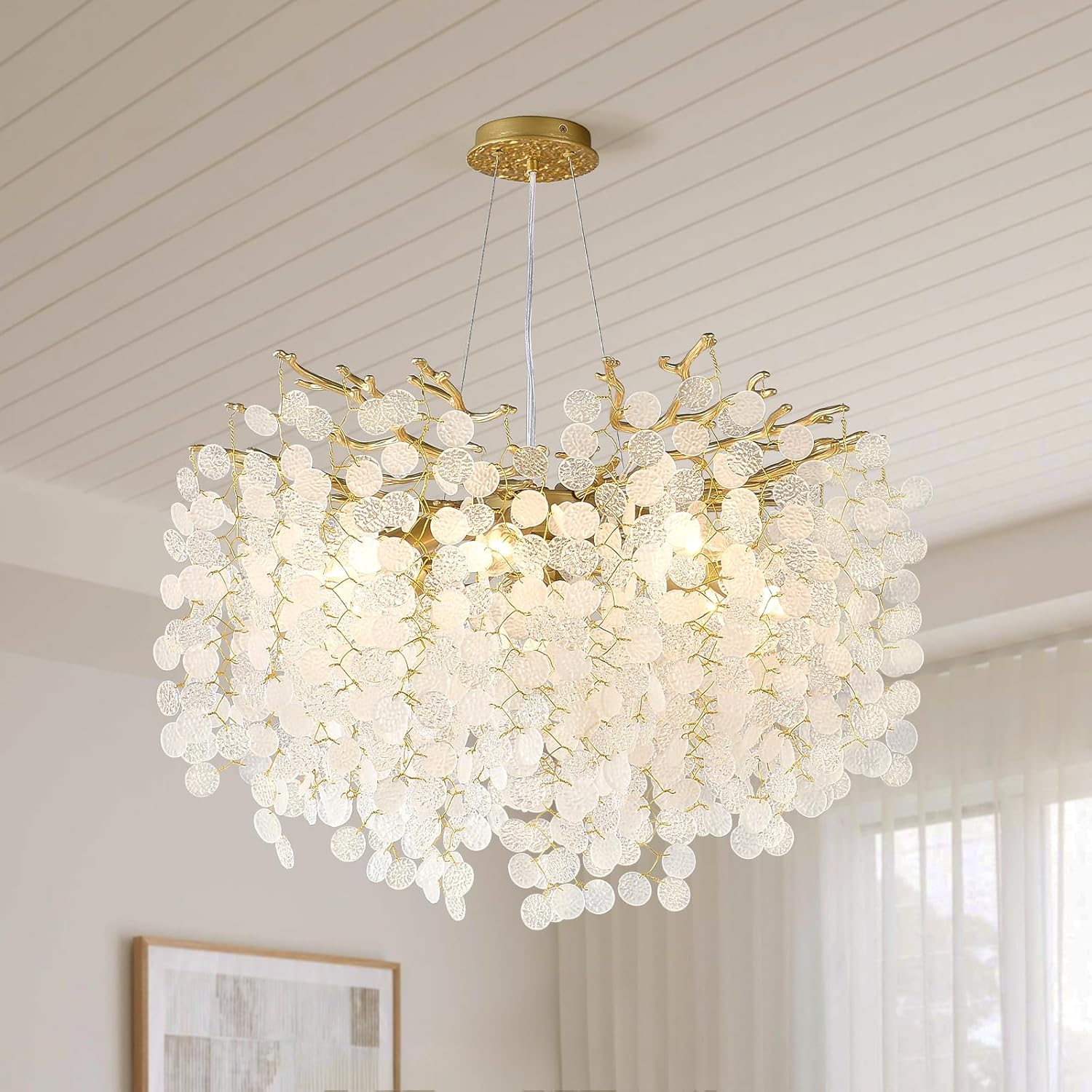 Modern Gold Coastal Chandelier with Adjustable Height, 24'' Wide Tree Branch Design with 61 Crystals, 8-Light E12 Pendant Ceiling Fixture
