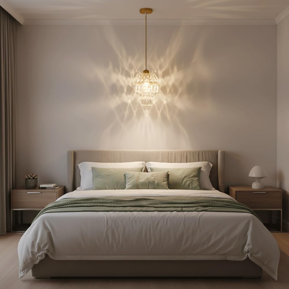 Modern Gold Crystal Pendant Light with Tiered K9 Crystals | Small Hanging Ceiling Lamp