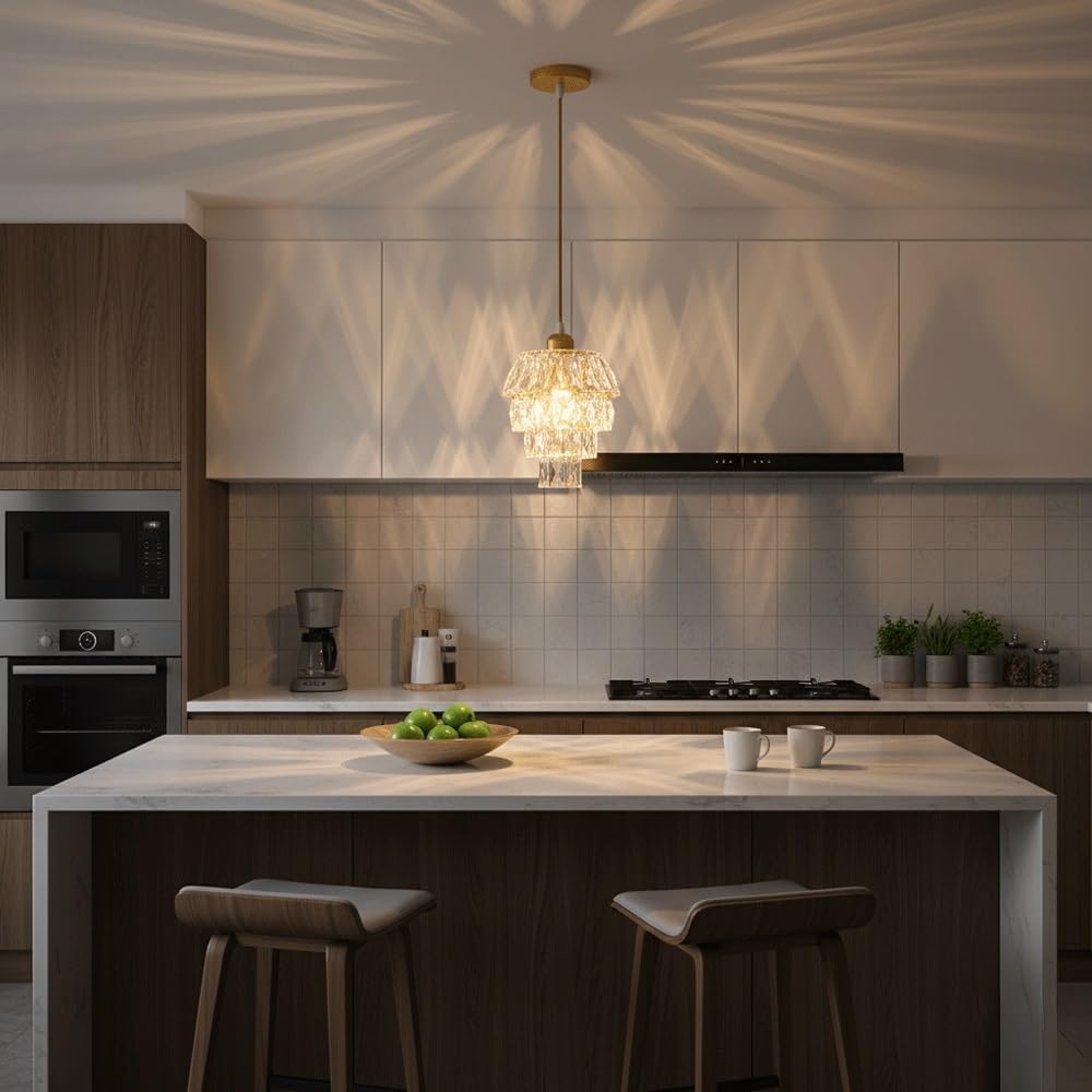 Modern Gold Crystal Pendant Light with Tiered K9 Crystals | Small Hanging Ceiling Lamp