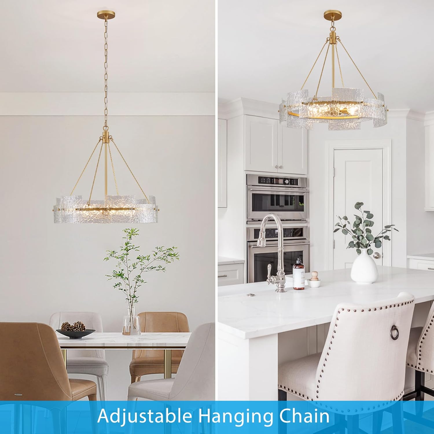 Modern Gold Glass Chandelier – 8-Light Round Pendant Light with Textured Panels and Adjustable Chain for Dining Room & Kitchen