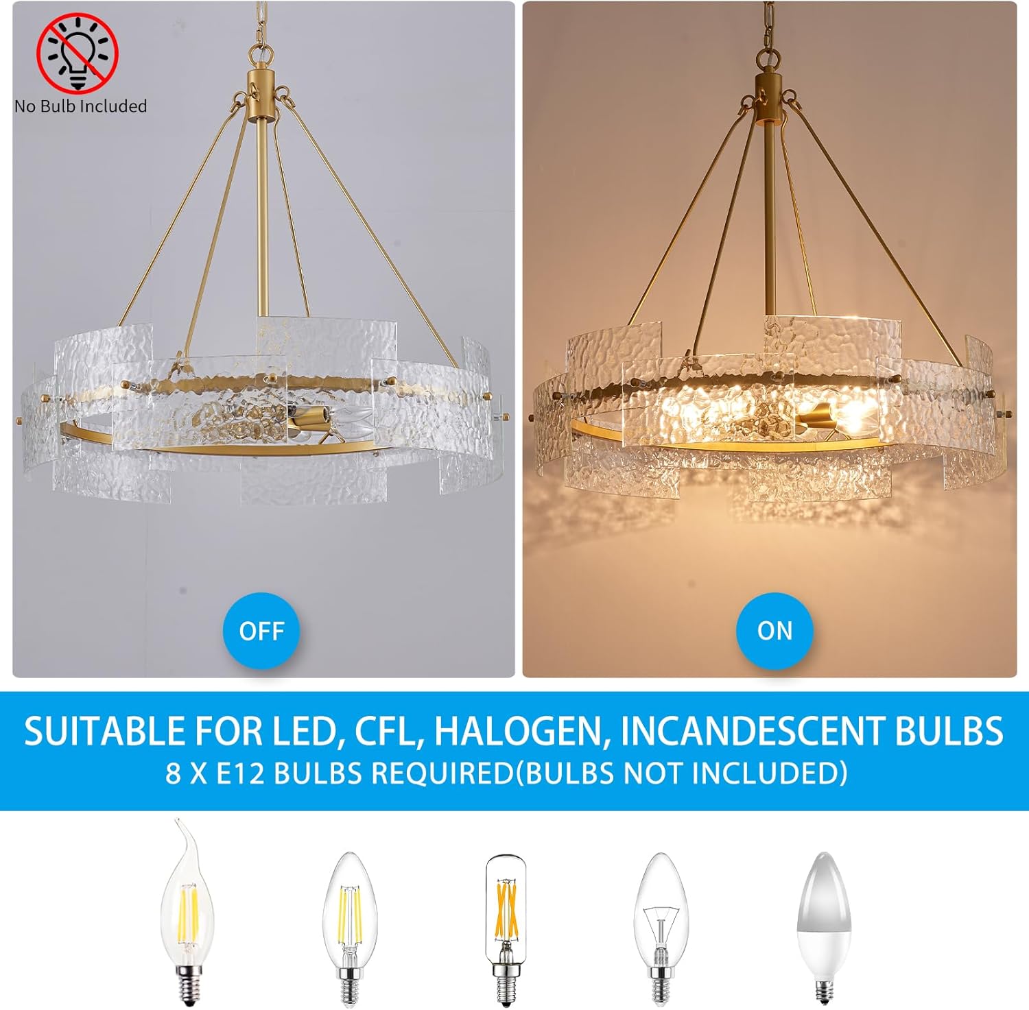 Modern Gold Glass Chandelier – 8-Light Round Pendant Light with Textured Panels and Adjustable Chain for Dining Room & Kitchen
