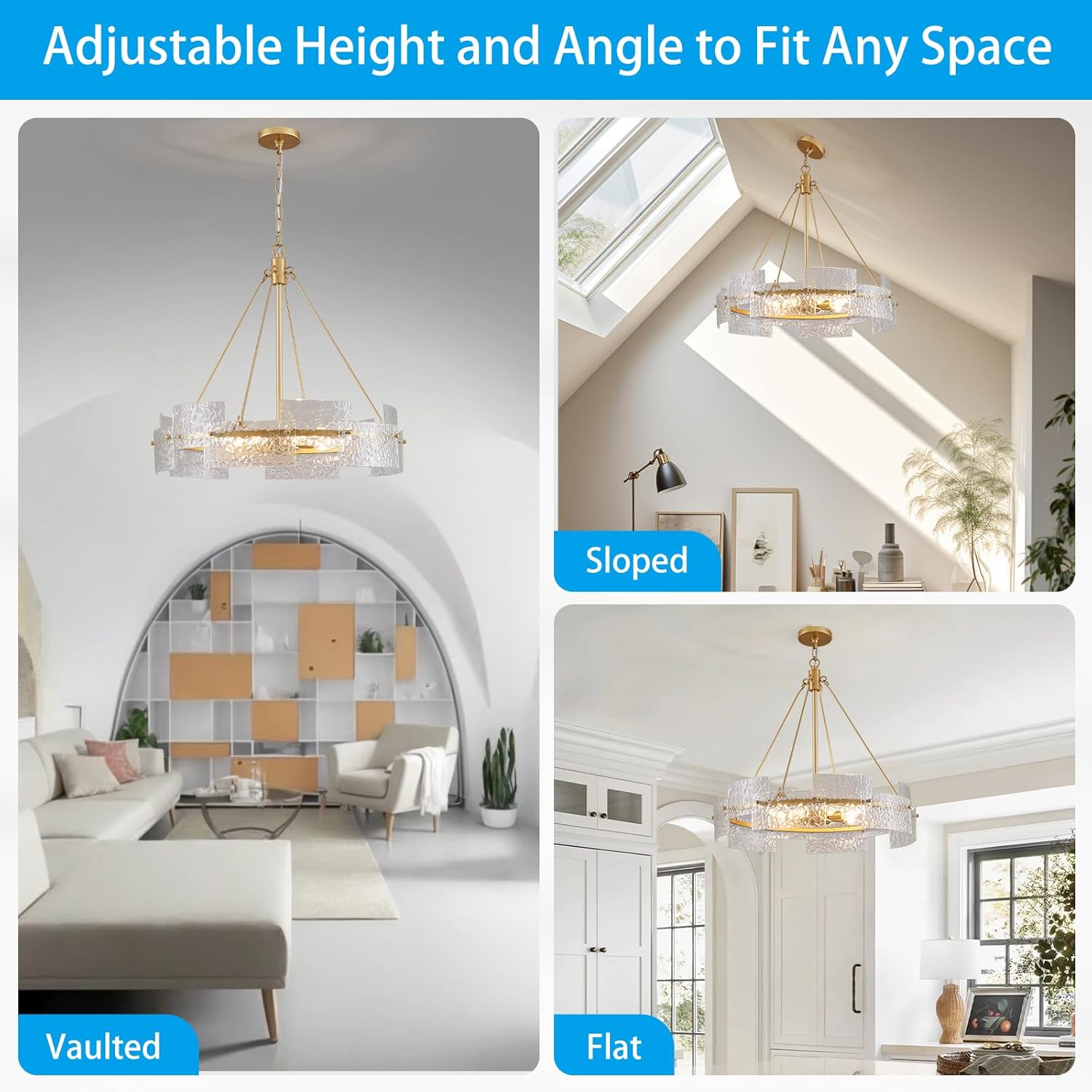 Modern Gold Glass Chandelier – 8-Light Round Pendant Light with Textured Panels and Adjustable Chain for Dining Room & Kitchen