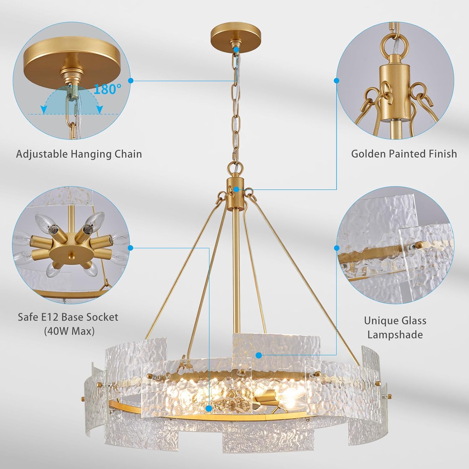 Modern Gold Glass Chandelier – 8-Light Round Pendant Light with Textured Panels and Adjustable Chain for Dining Room & Kitchen