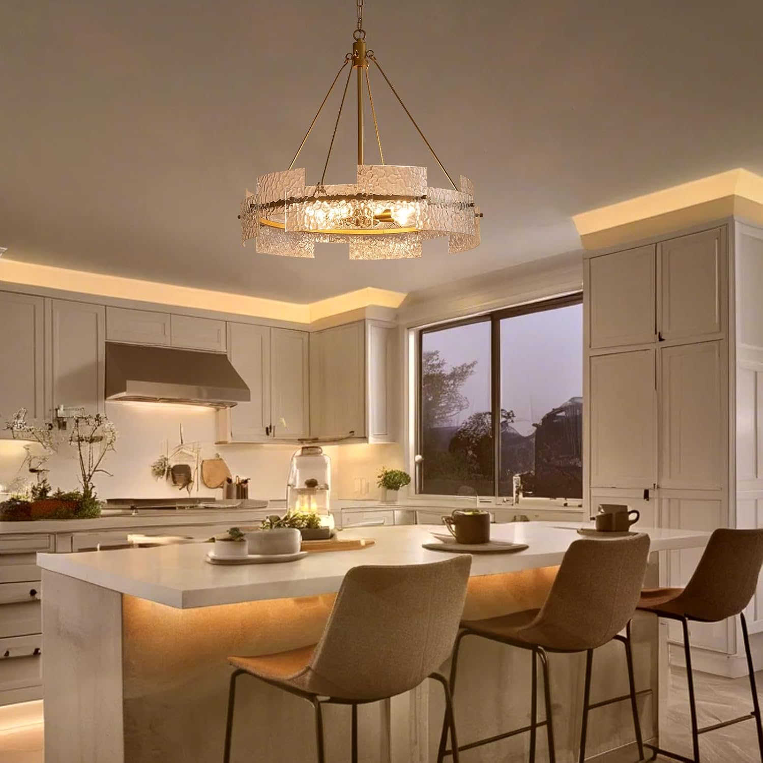 Modern Gold Glass Chandelier – 8-Light Round Pendant Light with Textured Panels and Adjustable Chain for Dining Room & Kitchen