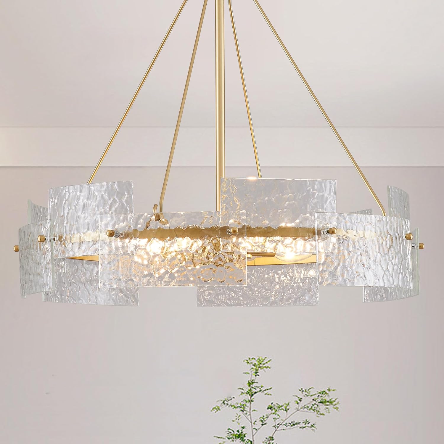 Modern Gold Glass Chandelier – 8-Light Round Pendant Light with Textured Panels and Adjustable Chain for Dining Room & Kitchen