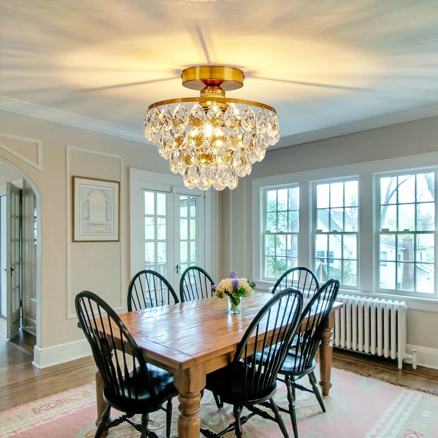 Flush Mount Crystal Ceiling Light - Modern Gold Semi Flush Fixture with E26 Base