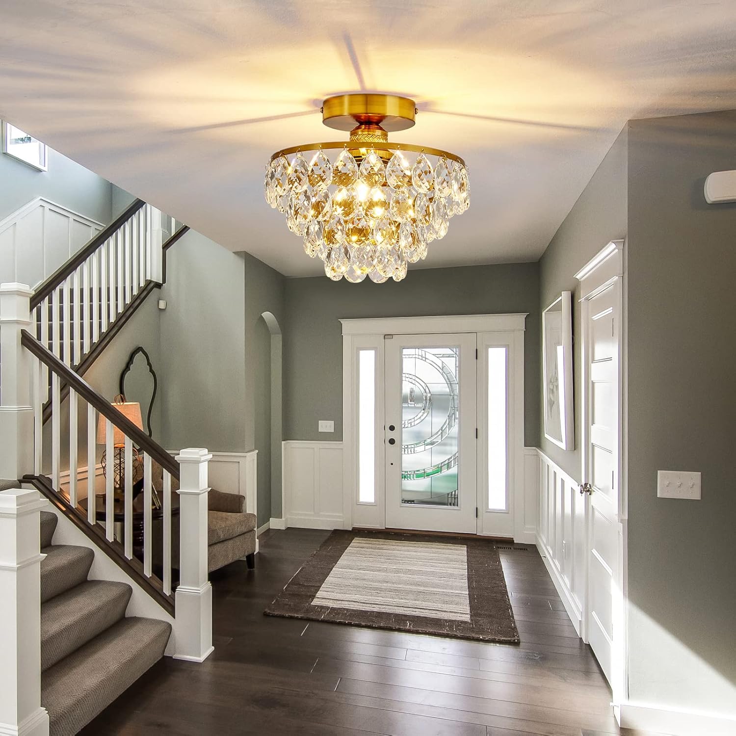 Flush Mount Crystal Ceiling Light - Modern Gold Semi Flush Fixture with E26 Base