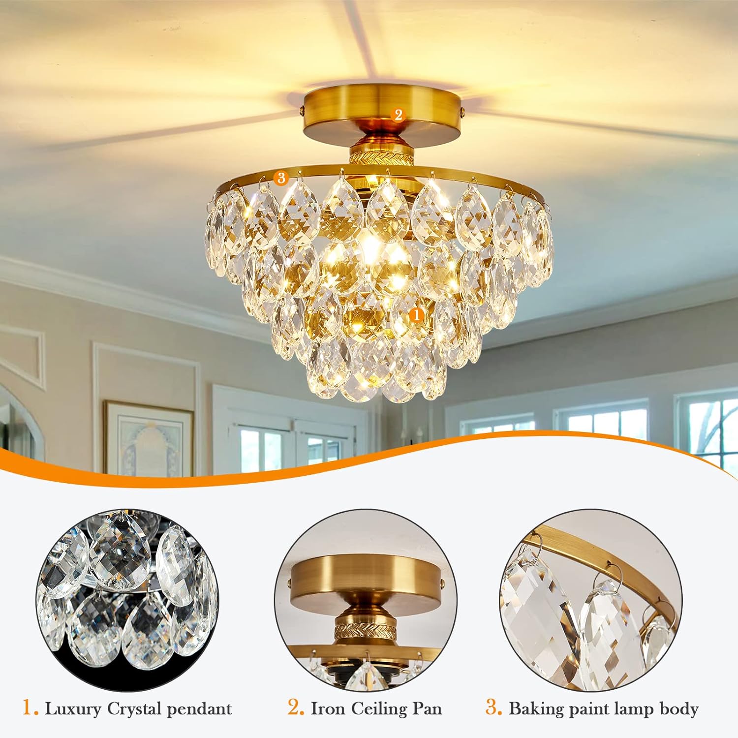 Flush Mount Crystal Ceiling Light - Modern Gold Semi Flush Fixture with E26 Base