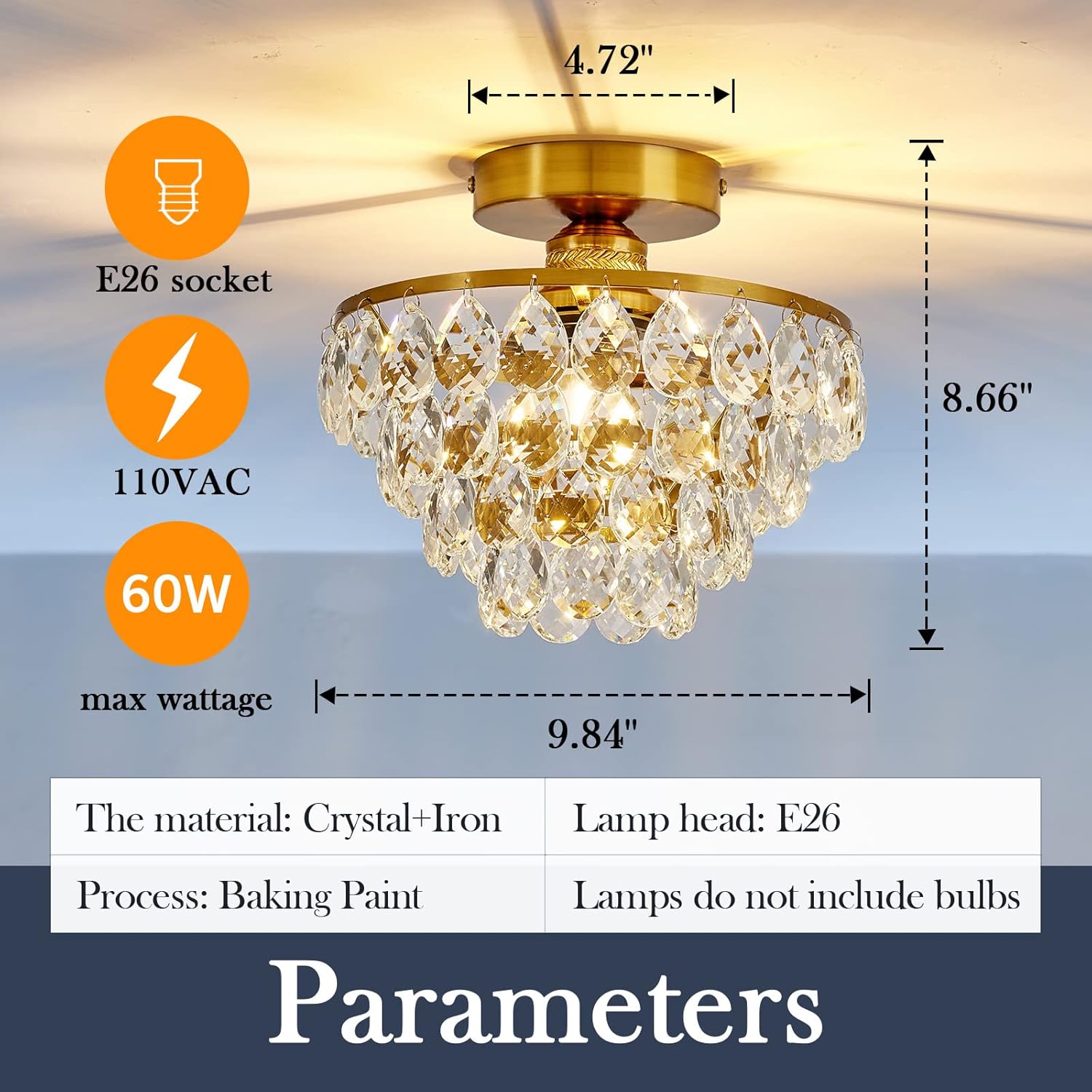 Flush Mount Crystal Ceiling Light - Modern Gold Semi Flush Fixture with E26 Base