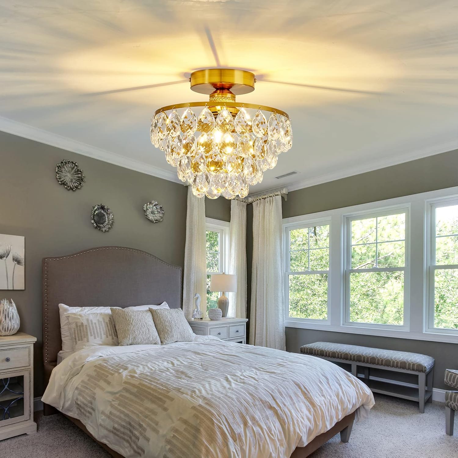 Flush Mount Crystal Ceiling Light - Modern Gold Semi Flush Fixture with E26 Base