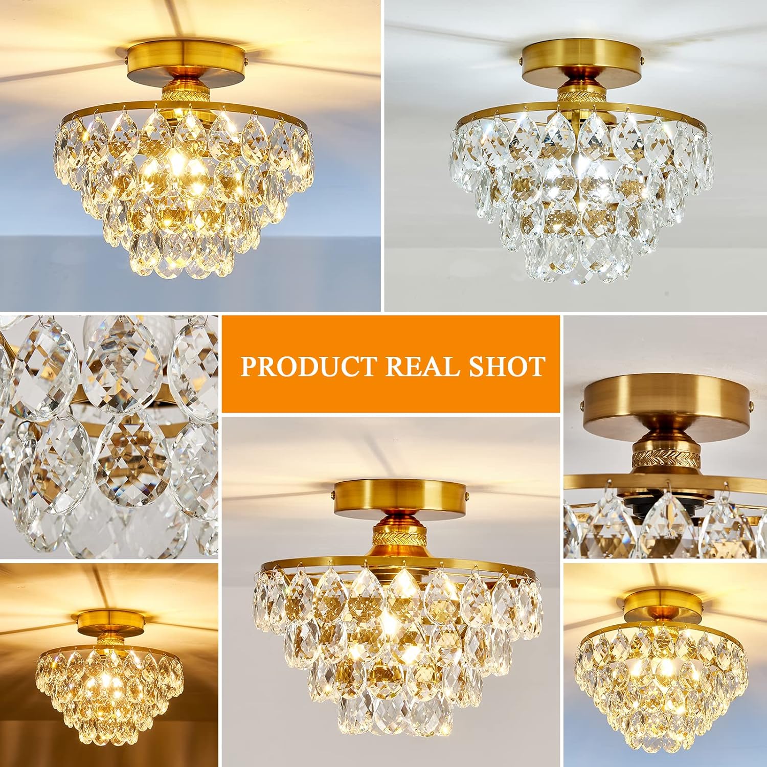 Flush Mount Crystal Ceiling Light - Modern Gold Semi Flush Fixture with E26 Base