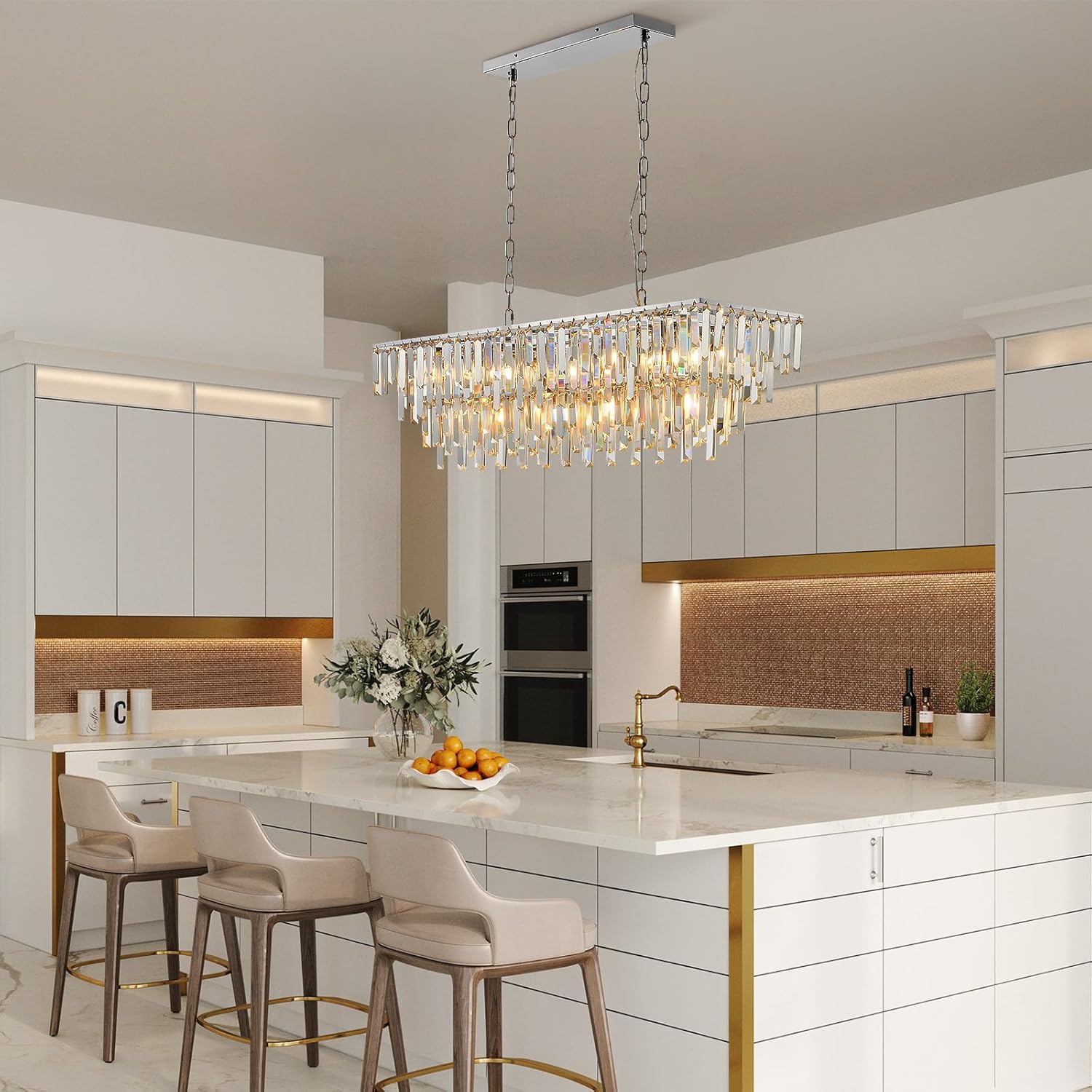 Luxury Rectangular Crystal Chandelier 12-Light Modern Island Pendant Adjustable Height Ceiling Light