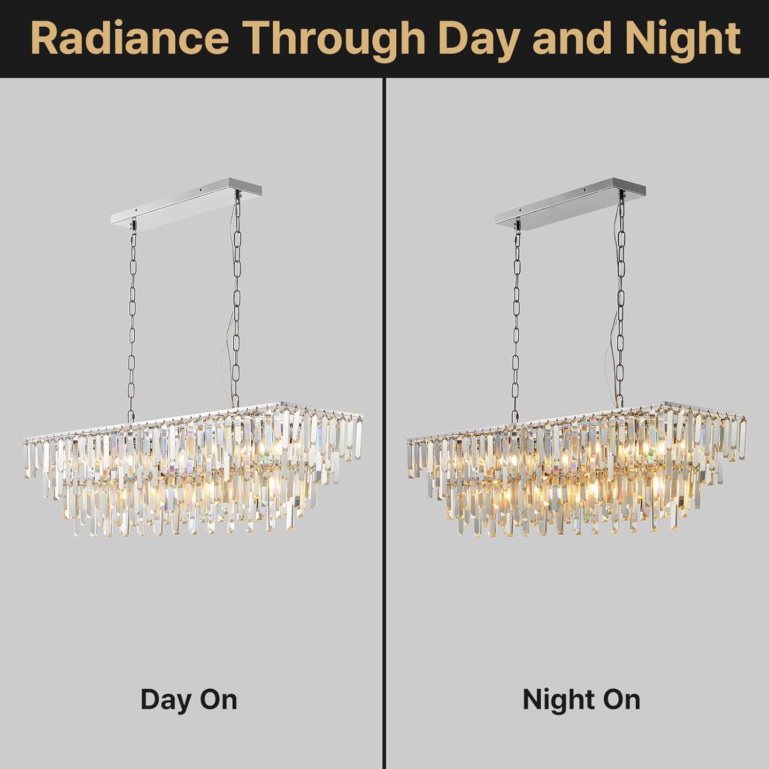 Luxury Rectangular Crystal Chandelier 12-Light Modern Island Pendant Adjustable Height Ceiling Light