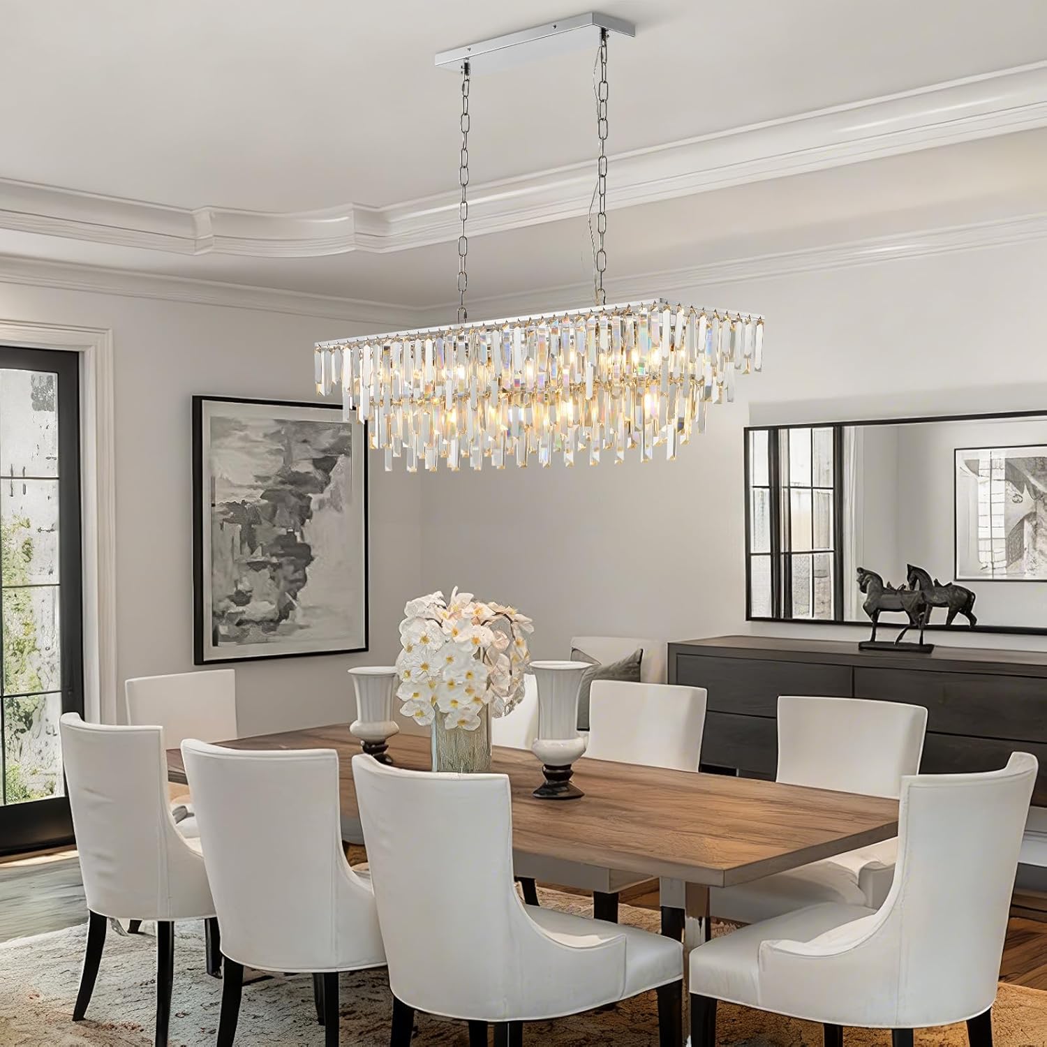 Luxury Rectangular Crystal Chandelier 12-Light Modern Island Pendant Adjustable Height Ceiling Light