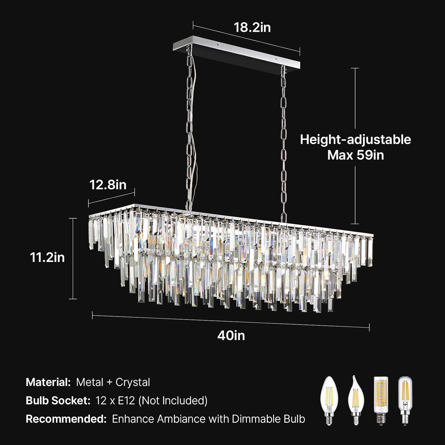 Luxury Rectangular Crystal Chandelier 12-Light Modern Island Pendant Adjustable Height Ceiling Light