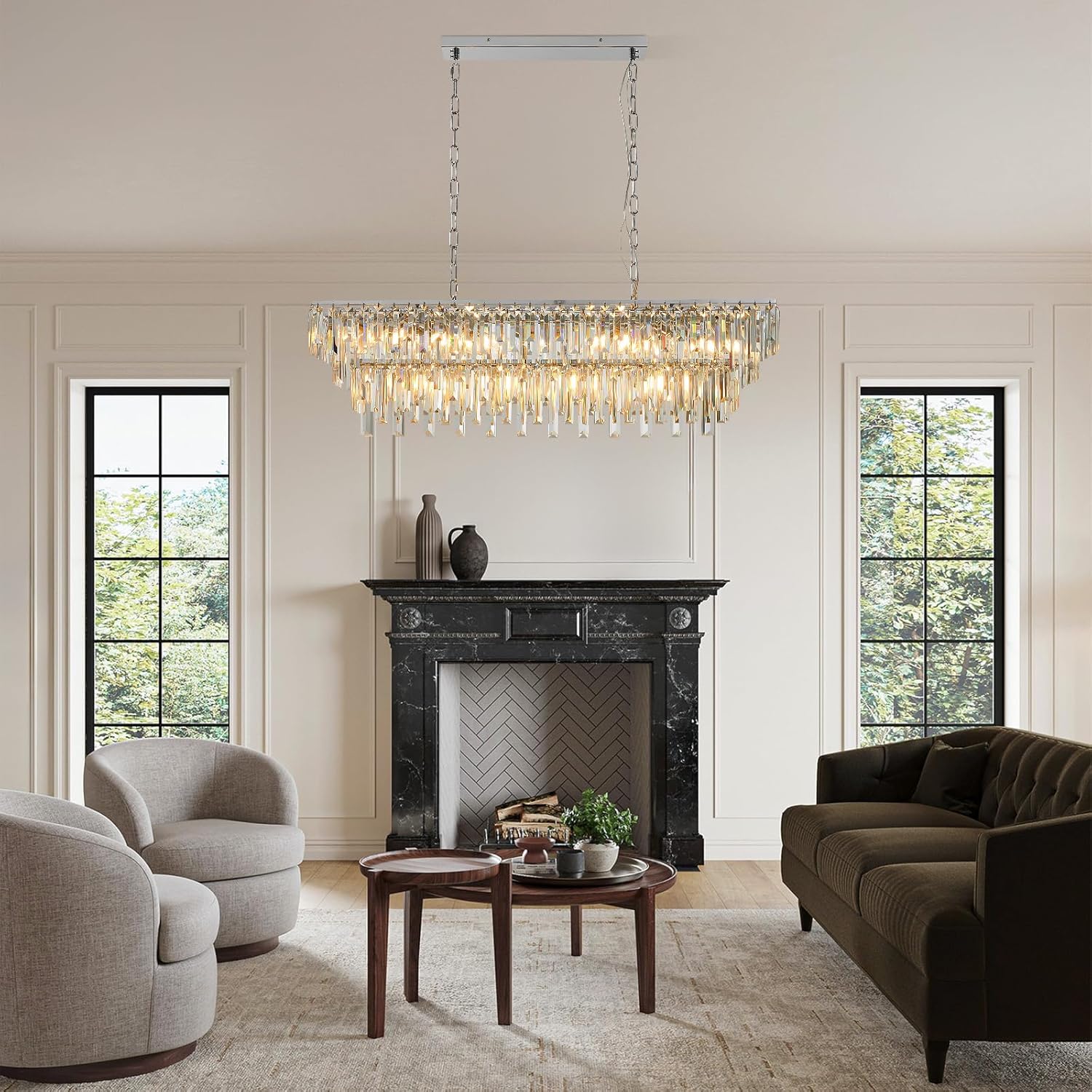 Luxury Rectangular Crystal Chandelier 12-Light Modern Island Pendant Adjustable Height Ceiling Light