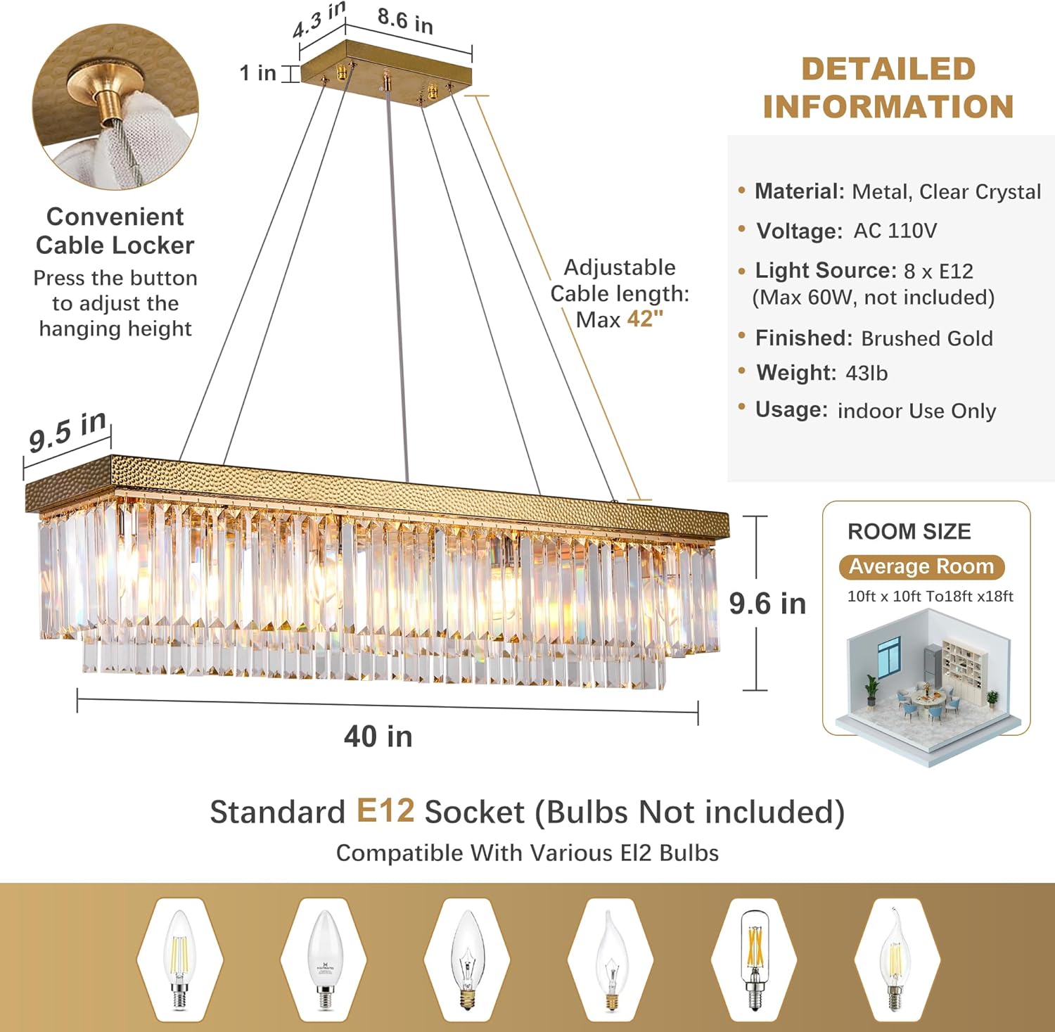 Luxury Modern Rectangle Crystal Chandelier, 40