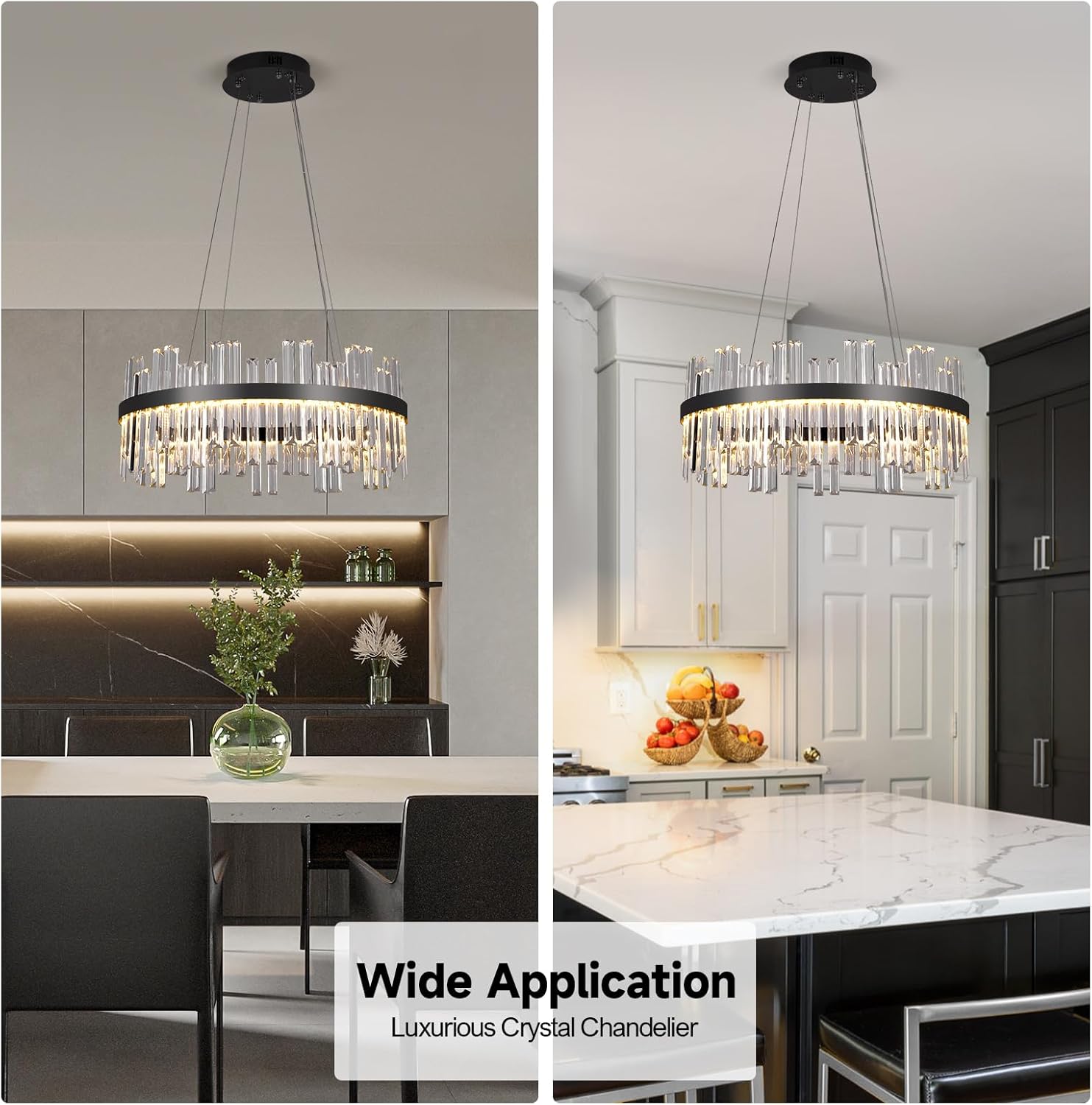 Modern Black Crystal Chandelier with Built-in LED – 23.6