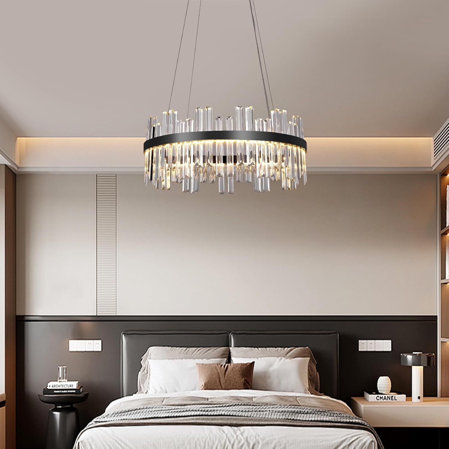 Modern Black Crystal Chandelier with Built-in LED – 23.6