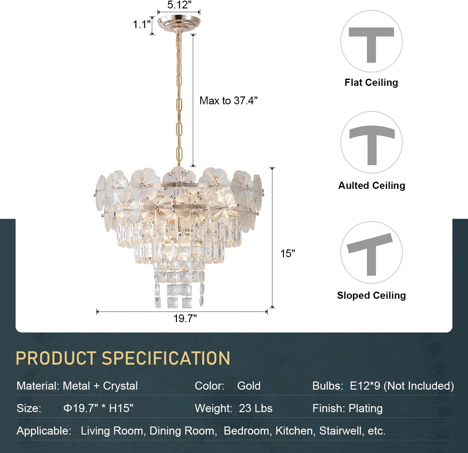 Modern Luxury Crystal Chandelier with Gold Finish - 3 Tier Round Pendant Lighting, E12 Base, Adjustable Height