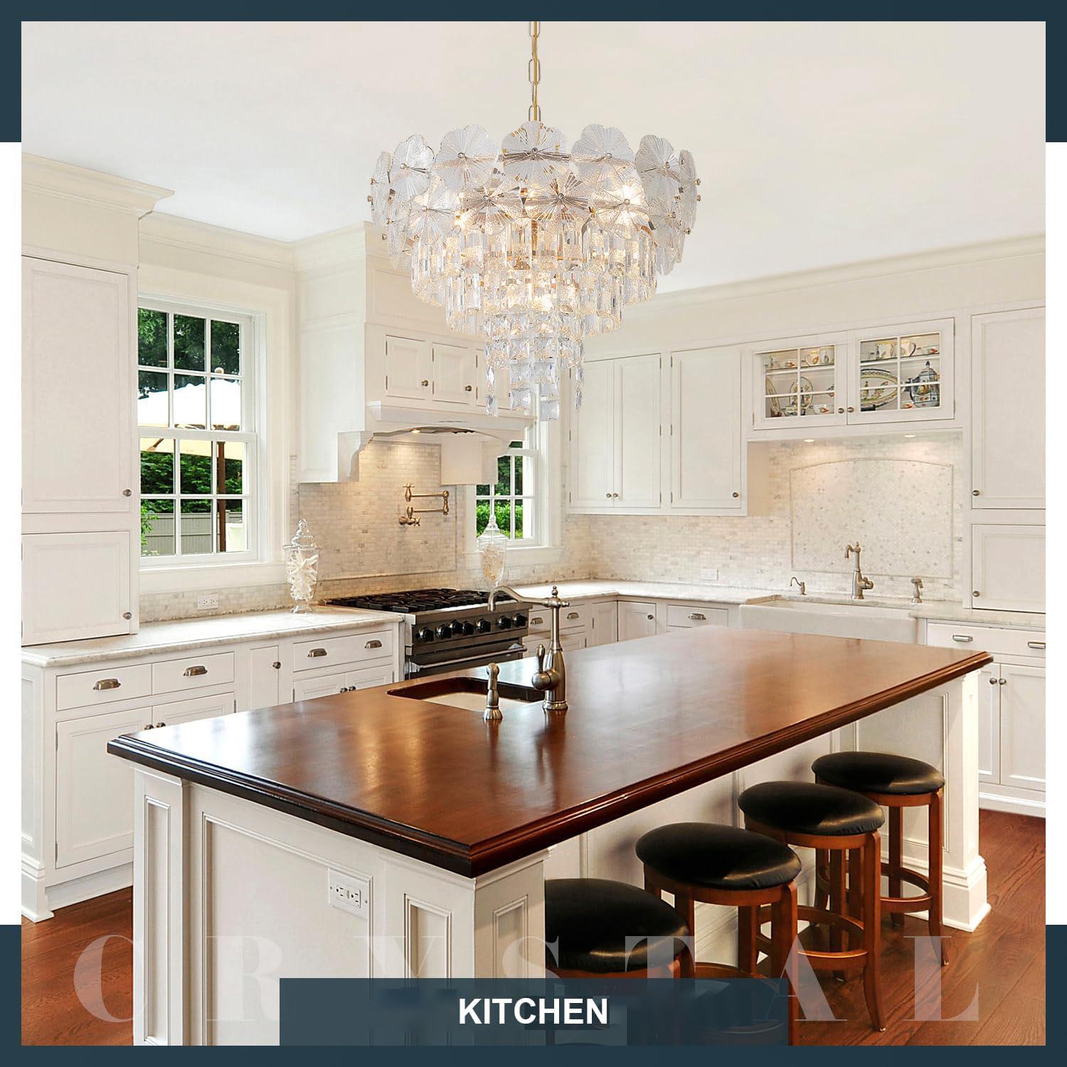 Modern Luxury Crystal Chandelier with Gold Finish - 3 Tier Round Pendant Lighting, E12 Base, Adjustable Height