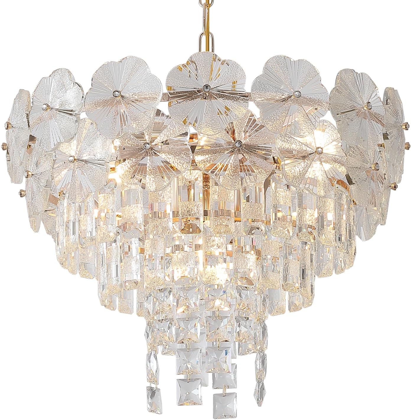 Modern Luxury Crystal Chandelier with Gold Finish - 3 Tier Round Pendant Lighting, E12 Base, Adjustable Height