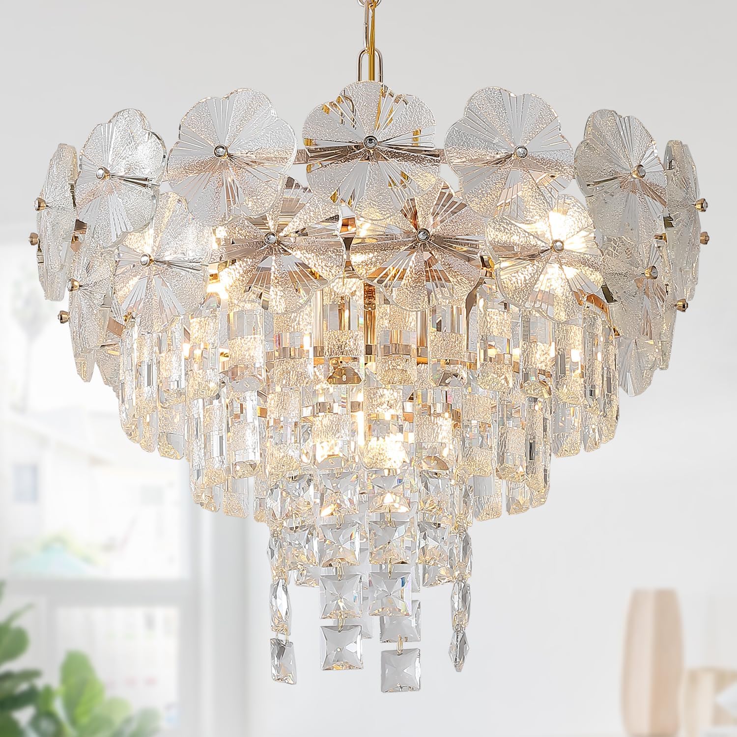 Modern Luxury Crystal Chandelier with Gold Finish - 3 Tier Round Pendant Lighting, E12 Base, Adjustable Height