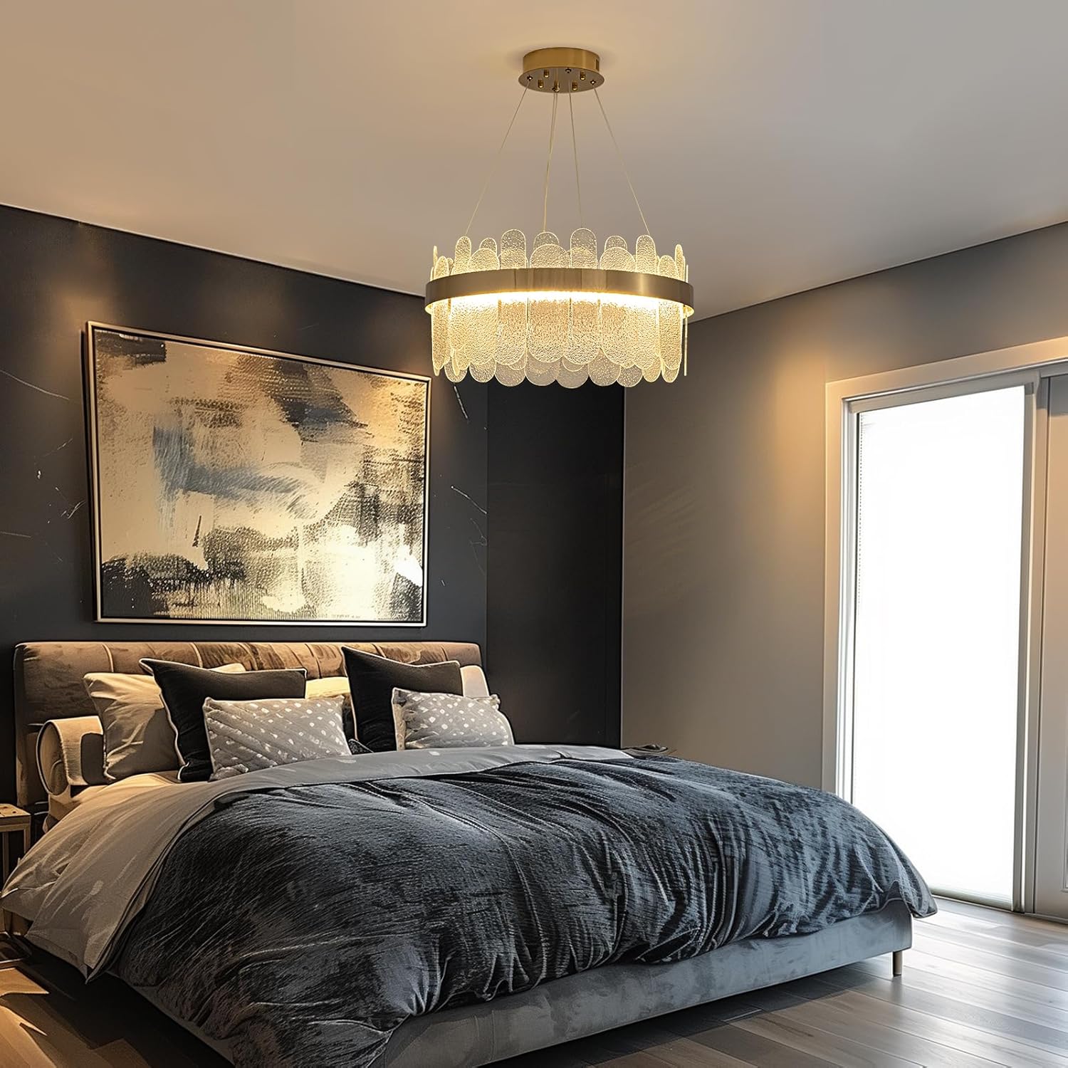 Modern Luxury Dimmable LED Crystal Chandelier – Adjustable Round Brass Gold Ceiling Pendant Light Fixture for Dining, Living Room, Kitchen Island