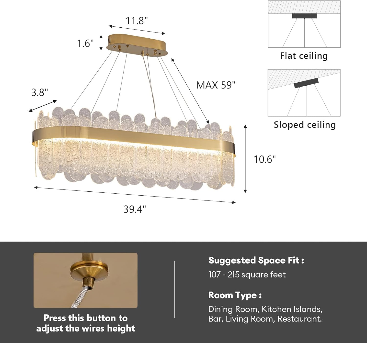 Modern Oval LED Bubble Glass Chandelier – Brass Gold Dimmable Pendant Light for Kitchen Island, Bar & Dining Area