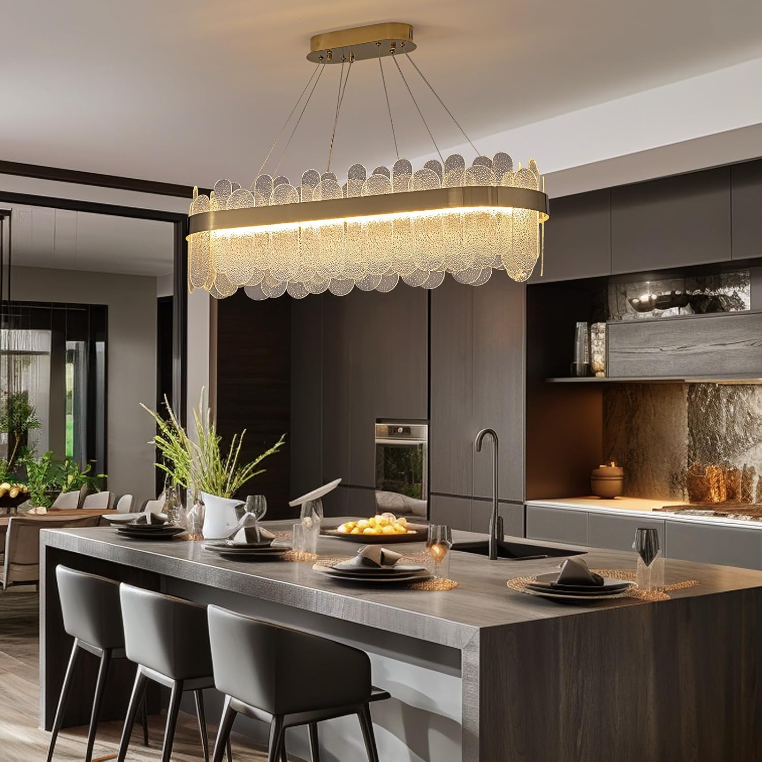 Modern Oval LED Bubble Glass Chandelier – Brass Gold Dimmable Pendant Light for Kitchen Island, Bar & Dining Area