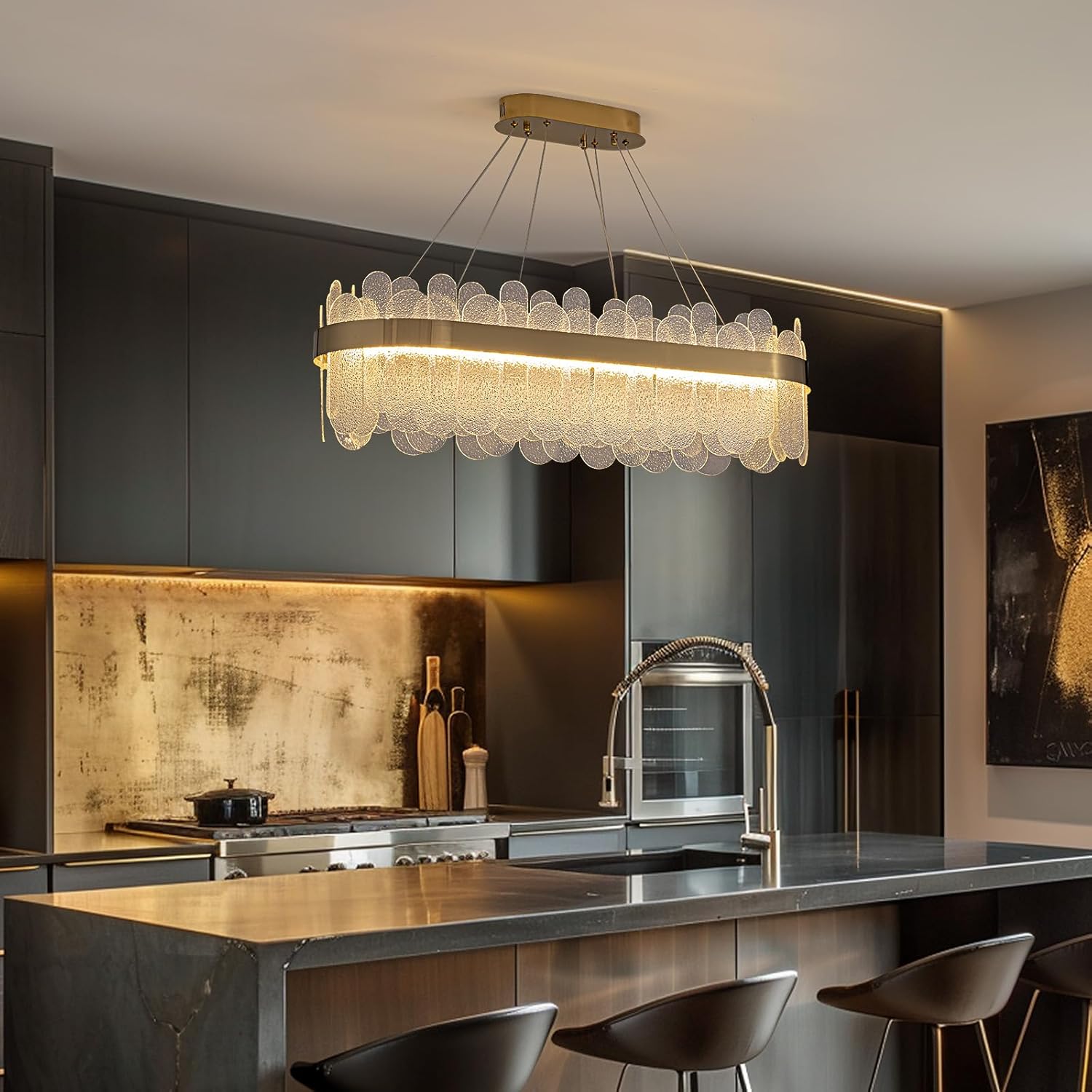 Modern Oval LED Bubble Glass Chandelier – Brass Gold Dimmable Pendant Light for Kitchen Island, Bar & Dining Area