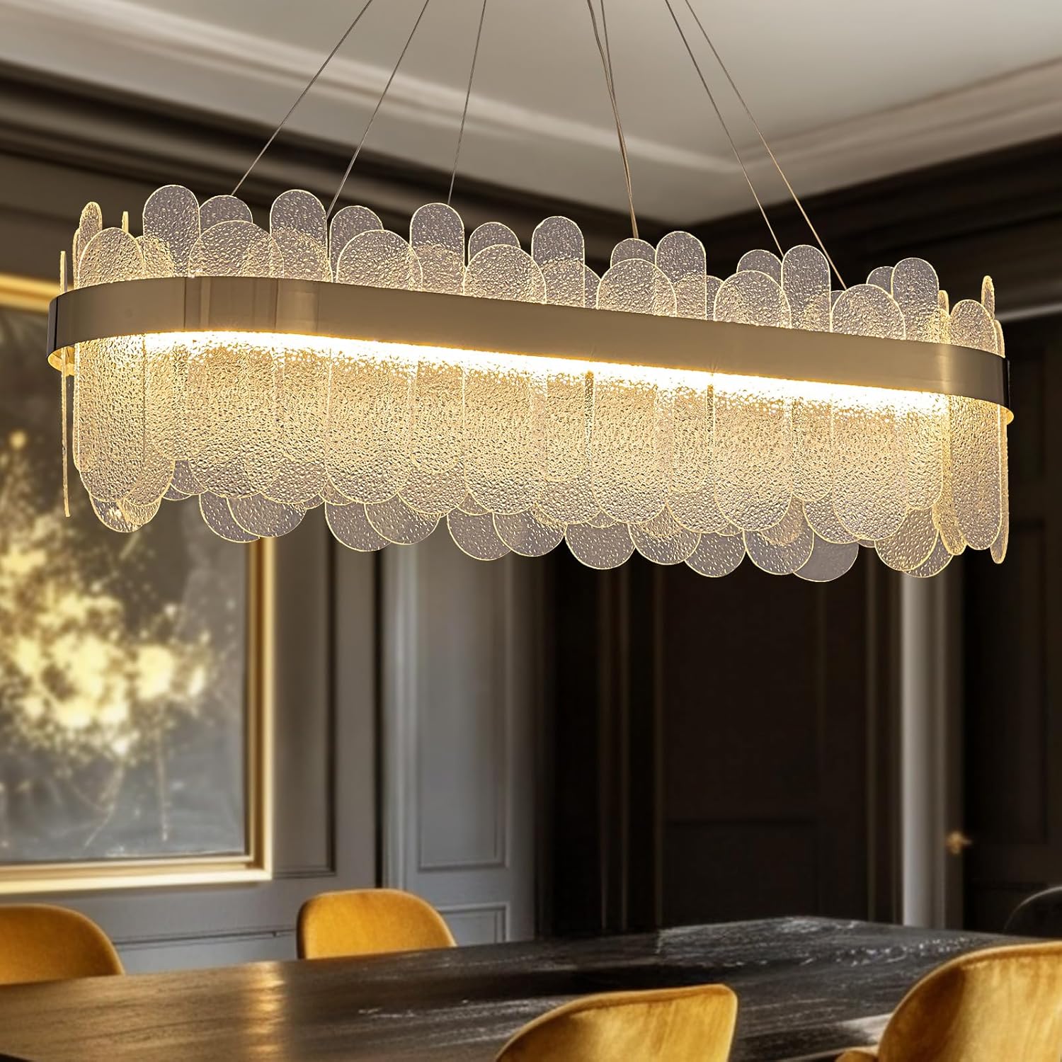 Modern Oval LED Bubble Glass Chandelier – Brass Gold Dimmable Pendant Light for Kitchen Island, Bar & Dining Area