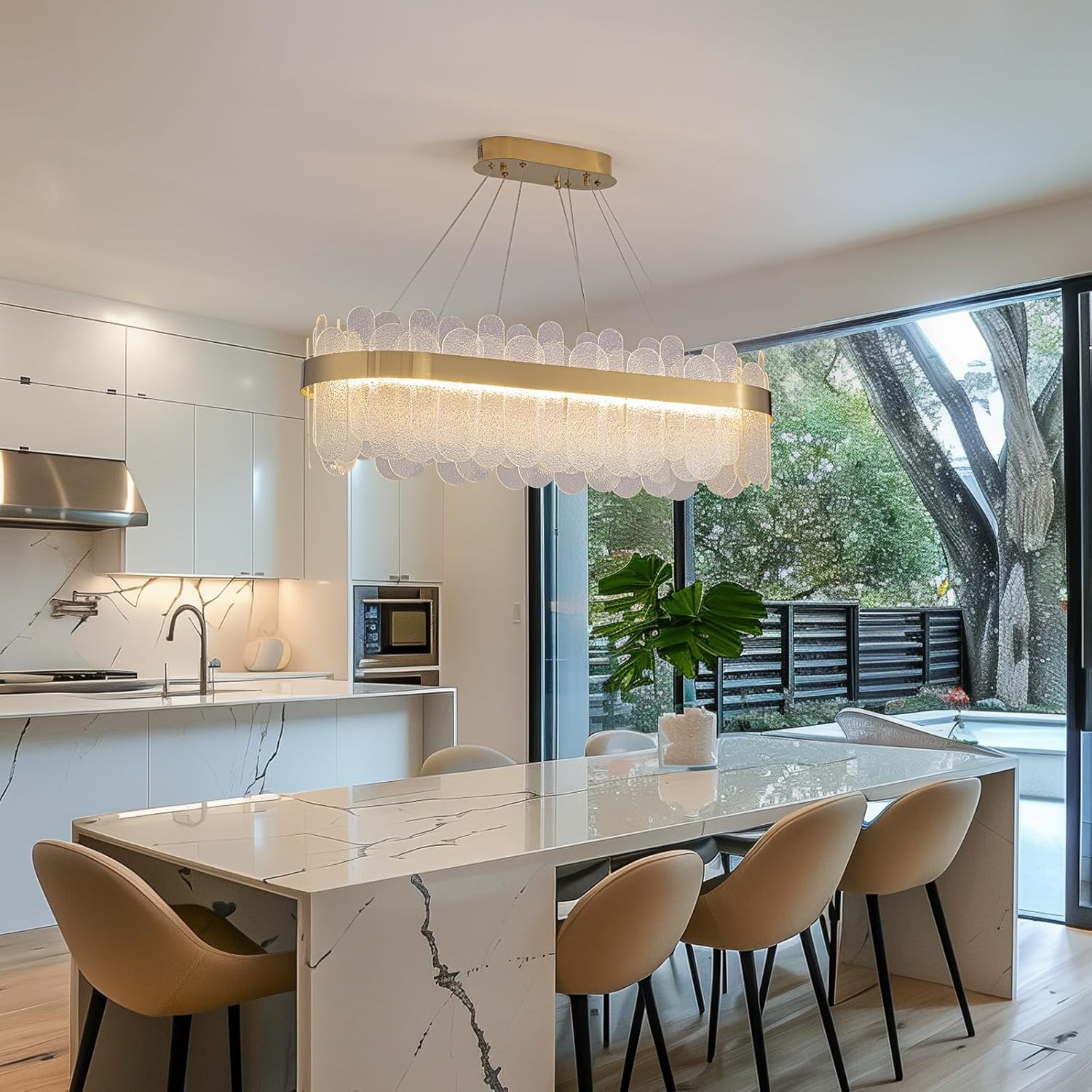 Modern Oval LED Bubble Glass Chandelier – Brass Gold Dimmable Pendant Light for Kitchen Island, Bar & Dining Area