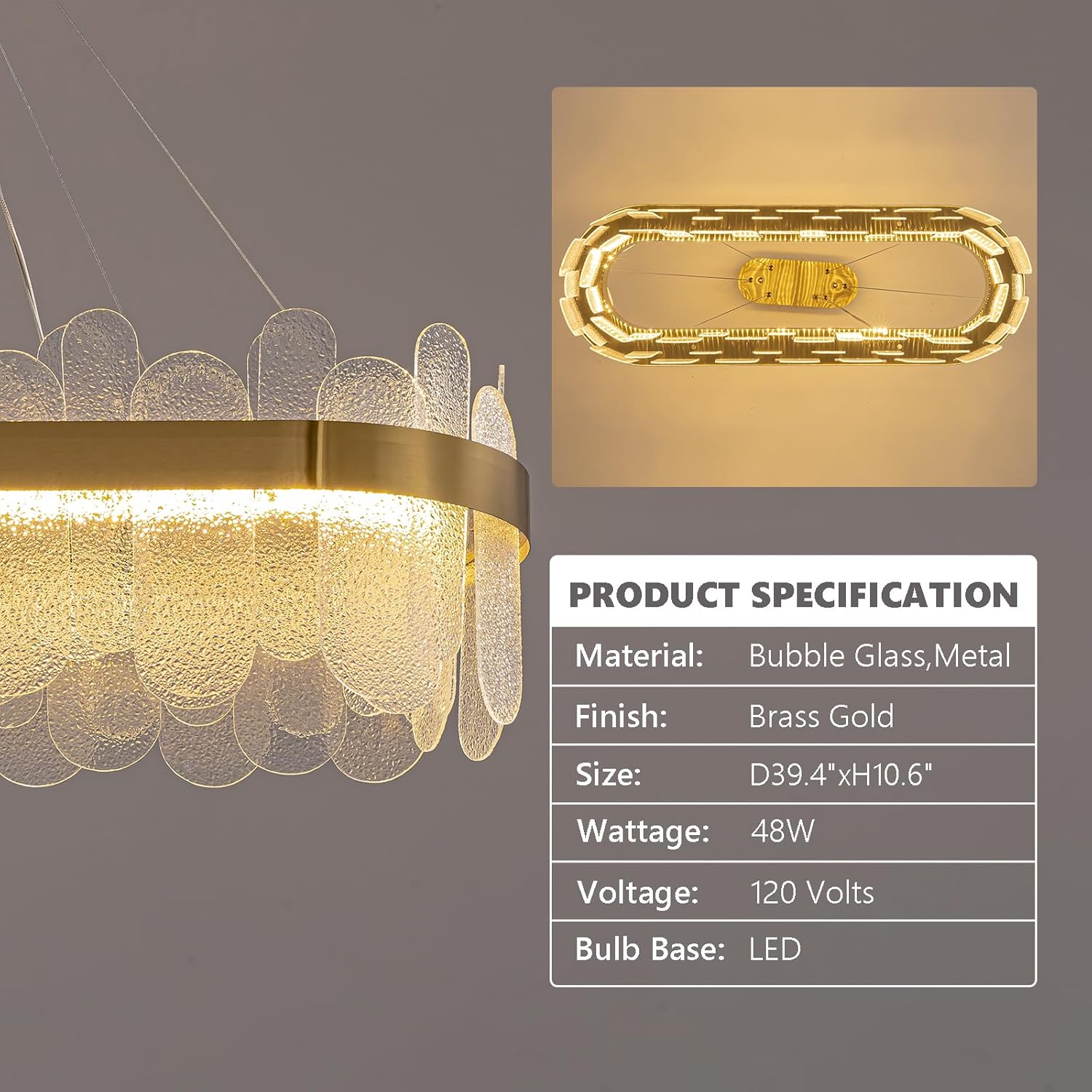Modern Oval LED Bubble Glass Chandelier – Brass Gold Dimmable Pendant Light for Kitchen Island, Bar & Dining Area