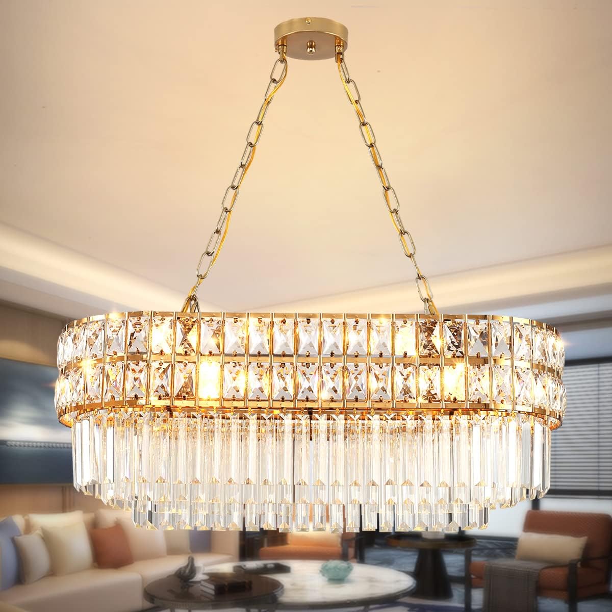 Modern Rectangular Gold Crystal Chandelier with Adjustable Height – 8-Light Luxury LED Pendant