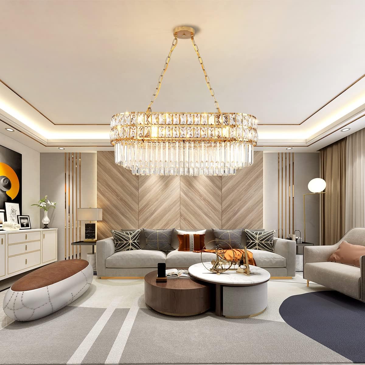 Modern Rectangular Gold Crystal Chandelier with Adjustable Height – 8-Light Luxury LED Pendant