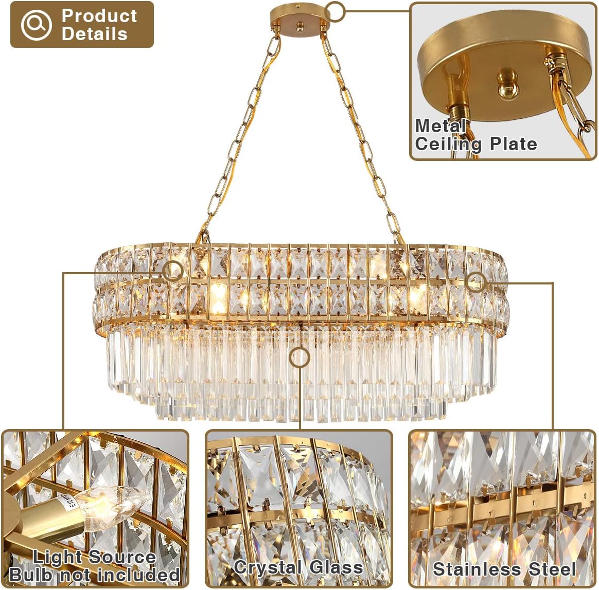 Modern Rectangular Gold Crystal Chandelier with Adjustable Height – 8-Light Luxury LED Pendant
