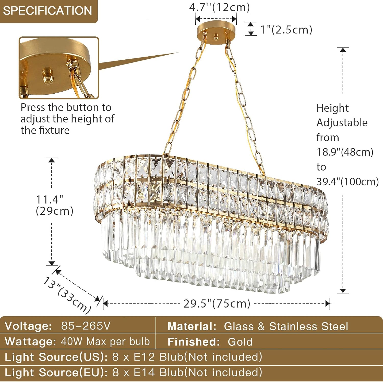 Modern Rectangular Gold Crystal Chandelier with Adjustable Height – 8-Light Luxury LED Pendant
