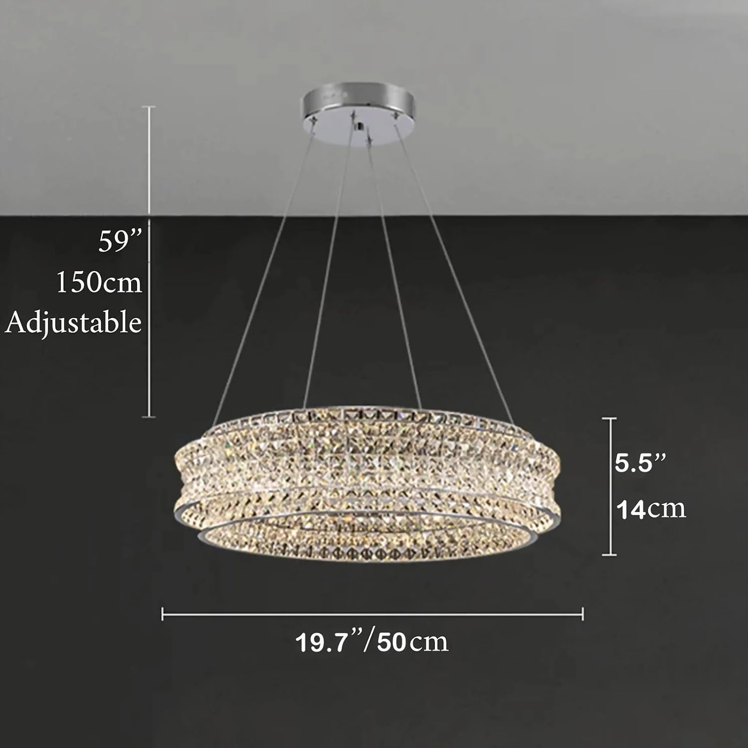 Modern Round Crystal LED Chandelier with Adjustable Height and Color Temperature