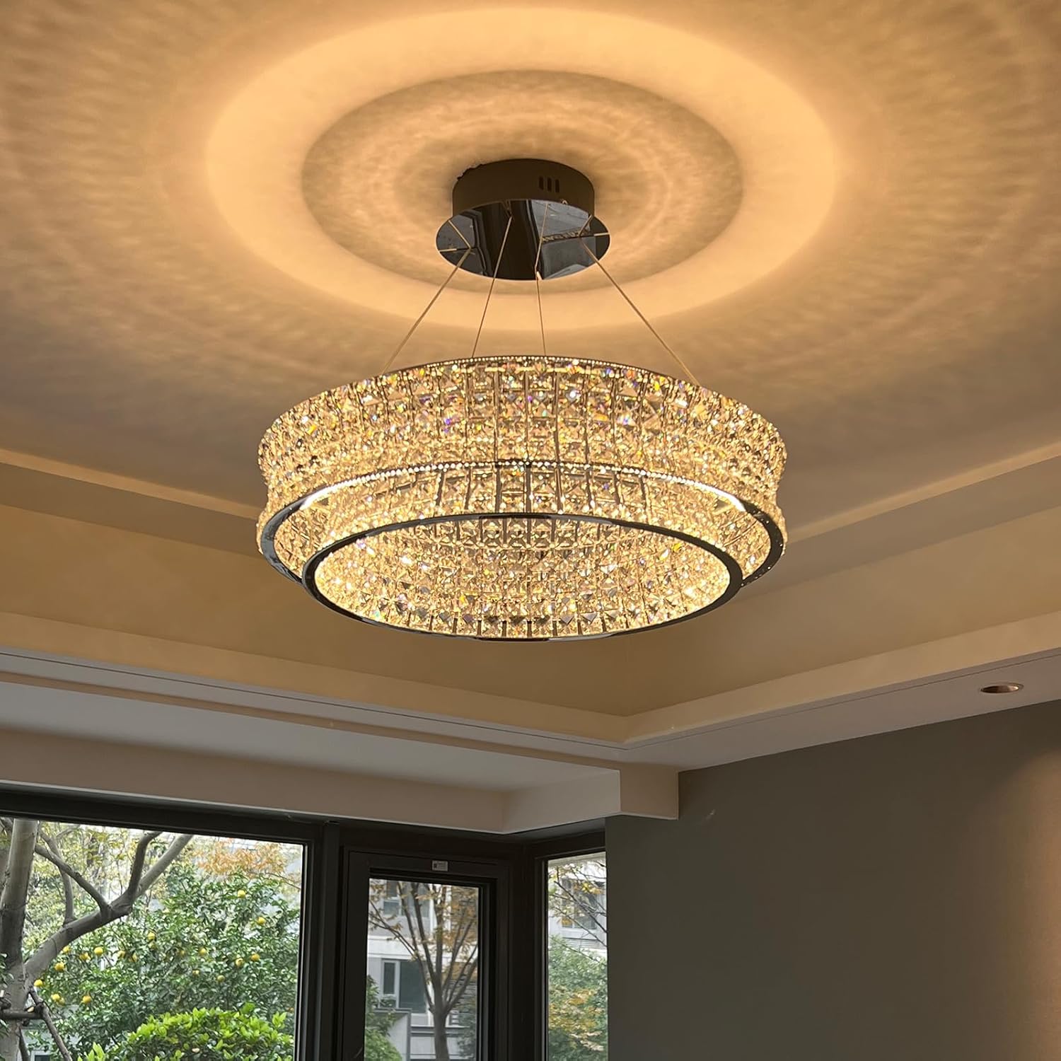 Modern Round Crystal LED Chandelier with Adjustable Height and Color Temperature