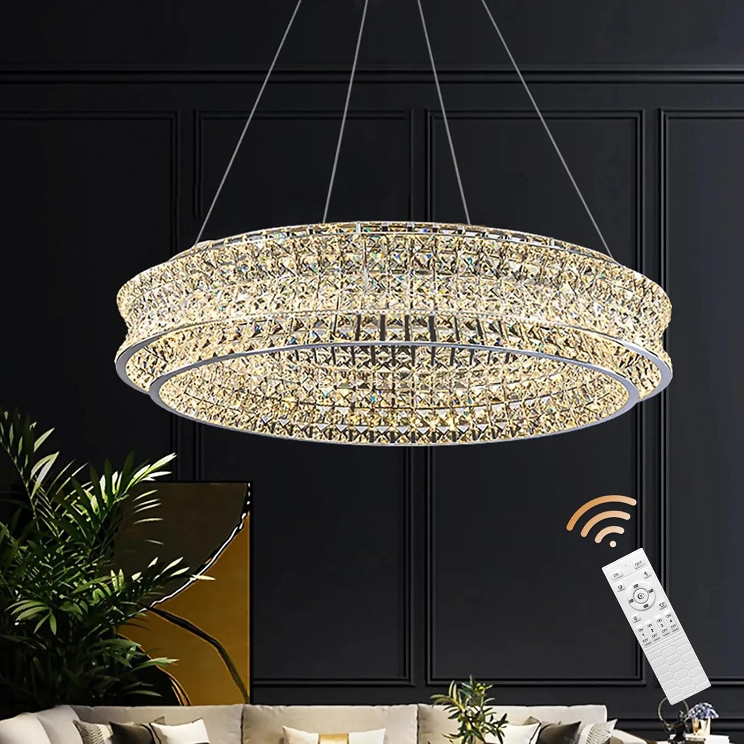 Modern Round Crystal LED Chandelier with Adjustable Height and Color Temperature