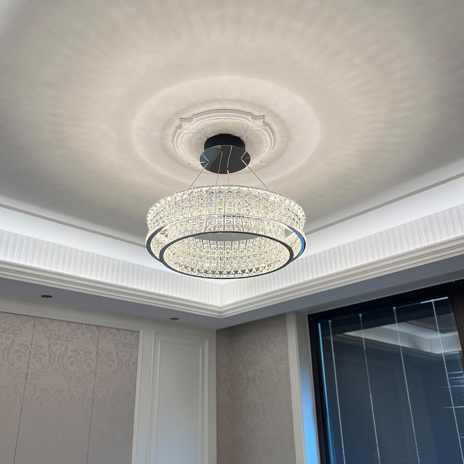 Modern Round Crystal LED Chandelier with Adjustable Height and Color Temperature