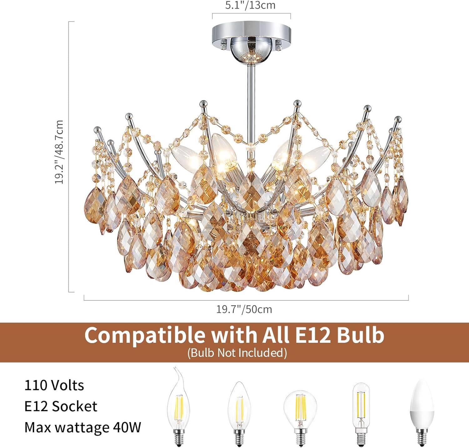 Modern Semi Flush Mount Crystal Ceiling Light – 19.7” Round Gold Crystal Fixture, E12 Base, 40W Max, Compatible with Warm/Natural/Cool Bulbs