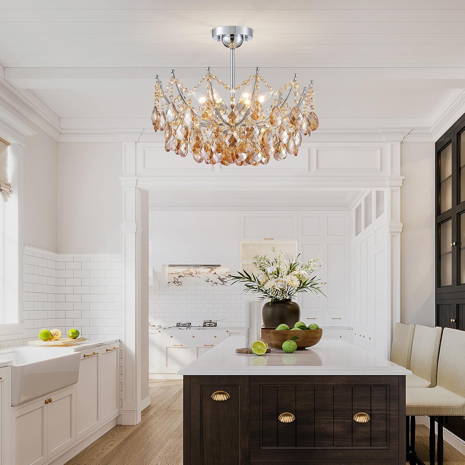 Modern Semi Flush Mount Crystal Ceiling Light – 19.7” Round Gold Crystal Fixture, E12 Base, 40W Max, Compatible with Warm/Natural/Cool Bulbs