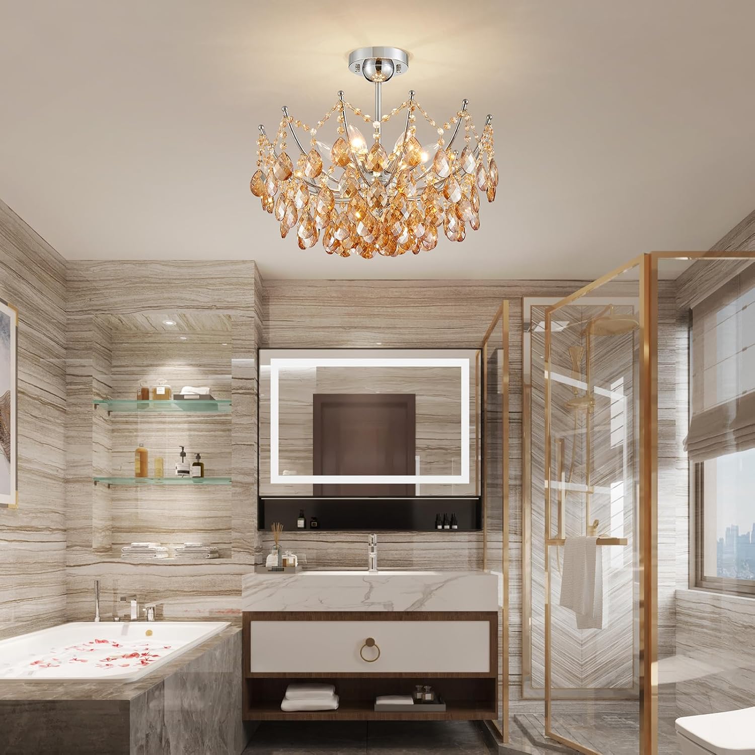 Modern Semi Flush Mount Crystal Ceiling Light – 19.7” Round Gold Crystal Fixture, E12 Base, 40W Max, Compatible with Warm/Natural/Cool Bulbs