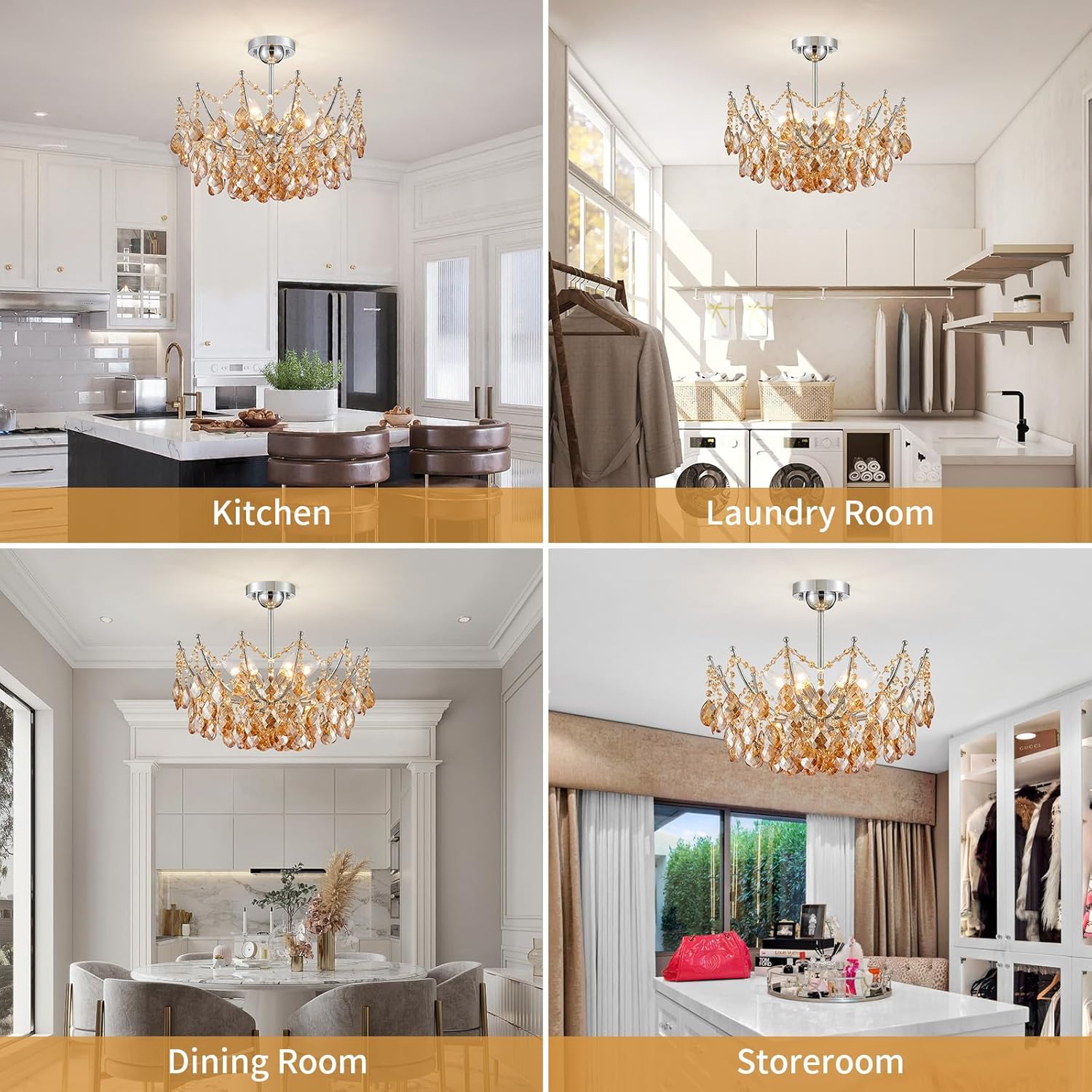 Modern Semi Flush Mount Crystal Ceiling Light – 19.7” Round Gold Crystal Fixture, E12 Base, 40W Max, Compatible with Warm/Natural/Cool Bulbs